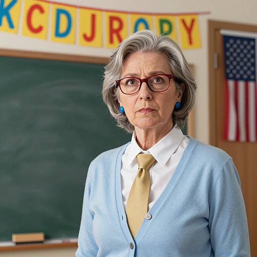 Middle-Aged Woman at a Classroom Chalkboard