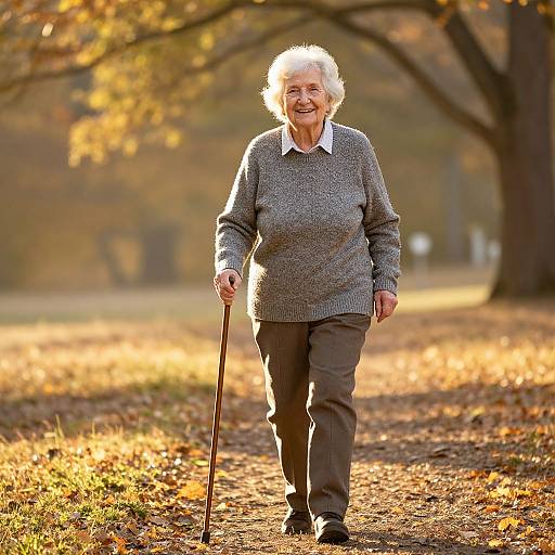 Photograph of an elderly woman with white hair, smiling, wearing a gray sweater, white shirt, and brown pants, holding a cane, walking through