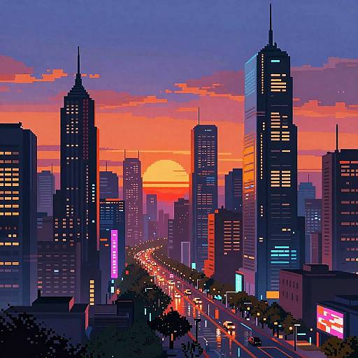 Digital art of a vibrant city skyline at sunset, featuring tall buildings with illuminated windows, a glowing orange sun, and a busy street with neon lights.