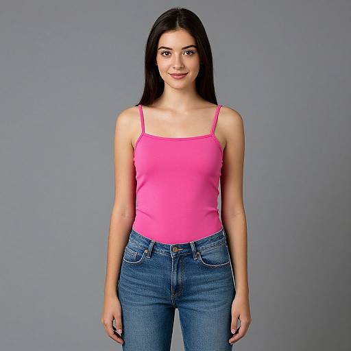 Photograph of a young woman with long black hair, wearing a pink spaghetti-strap tank top and blue jeans, standing against a plain gray background,