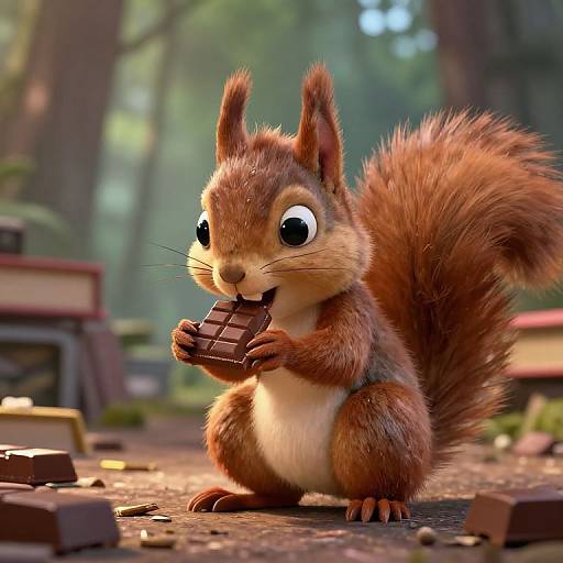 CGI image of a cute, fluffy red squirrel with large eyes, eating a chocolate bar in a sunlit forest, surrounded by scattered chocolate pieces.
