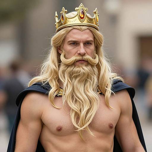 Photograph of a muscular, shirtless man with long blonde hair, a full beard, golden crown, and black cape, standing confidently.