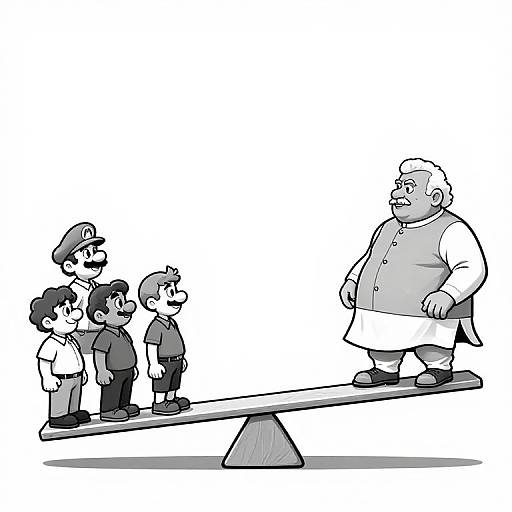 Cartoon: Five children stand on a seesaw with a large, overweight, bearded man on the right side, balancing them. Monochromatic