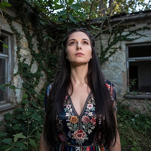 Photograph of a pale-skinned woman with long black hair, wearing a floral-patterned dress, standing in front of a dilapidated, iv