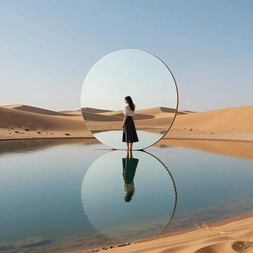 Photograph of a girl with long hair in a white top and black skirt, standing in a desert oasis, reflected in a circular mirror, with sand