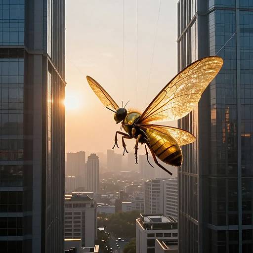 Photograph of a giant, illuminated, golden-hued insect with translucent wings flying between towering, reflective skyscrapers at sunset, cityscape below.
