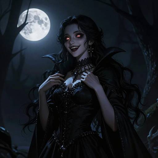 Digital painting of a dark-haired, glowing-eyed vampire woman with red lips, wearing a black, gothic dress, under a full moon in a shadow