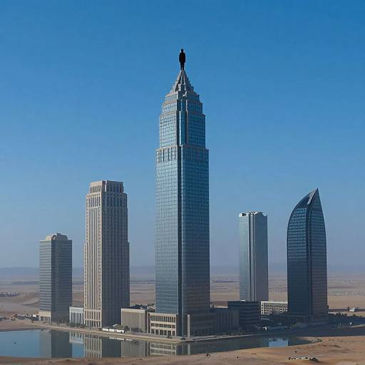 Photograph of modern skyscrapers with reflective glass, tallest central tower topped by a black silhouette, clear blue sky, and a calm river in the