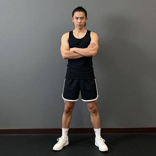 Photograph of a muscular Asian man with short black hair, standing with arms crossed, wearing a black tank top, black shorts, white socks, and