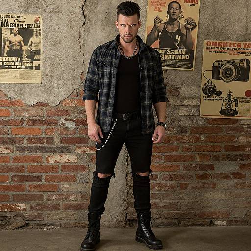 Photograph of a rugged, bearded man in a black plaid shirt, black ripped jeans, and boots, standing against a worn brick wall with