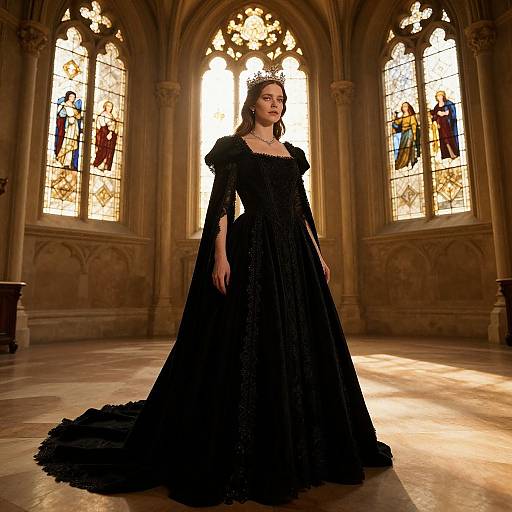 Photograph of a regal woman in a black, long-sleeved, lace gown with a crown, standing in a sunlit, Gothic cathedral
