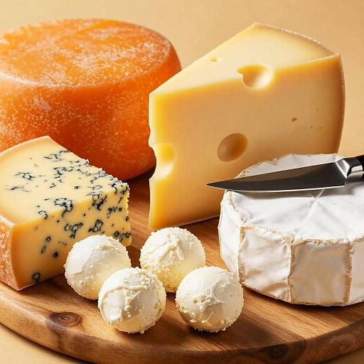 Photograph of various cheeses on wooden board: orange gouda, yellow Swiss with holes, blue cheese, white cheese balls, knife.