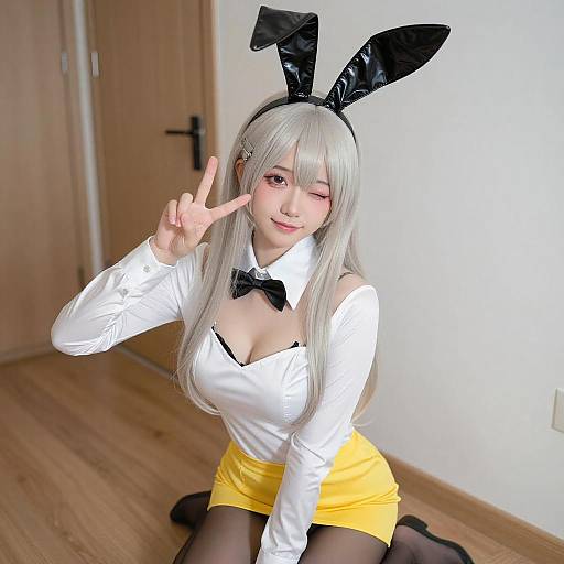 Blonde Woman with Bunny Ears Peace Pose