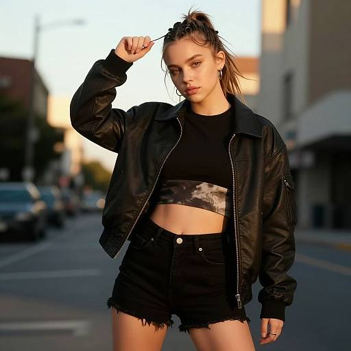 Photograph of a young woman with light skin and brown hair in a ponytail, wearing a black jacket, crop top, and frayed denim shorts