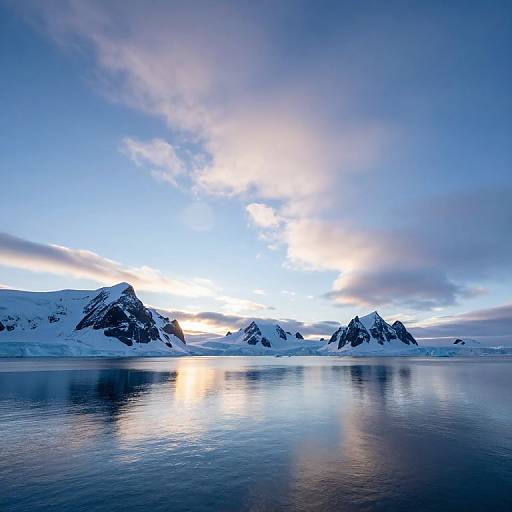 Photograph of a serene Arctic landscape at sunset, featuring snow-capped mountains reflecting in a calm, icy blue water body.