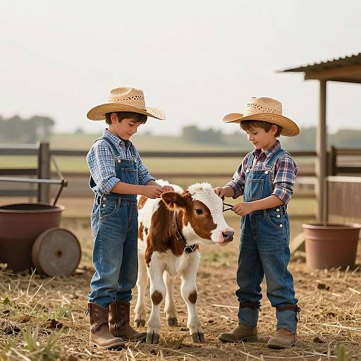 Playful Country Cowboys with Calf