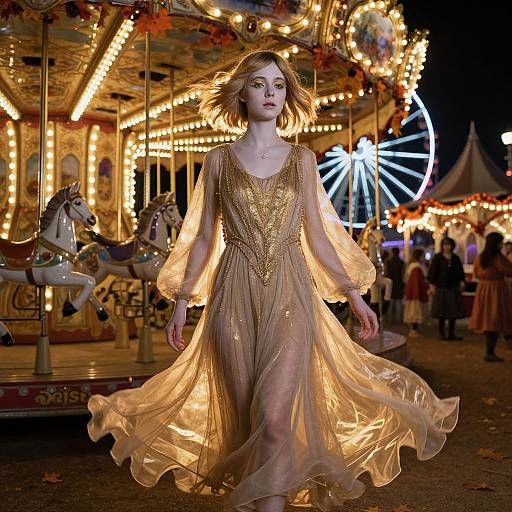 Photograph of a fairground at night: a young woman with fair skin and short blonde hair in a shimmering, gold, flowing dress walks past