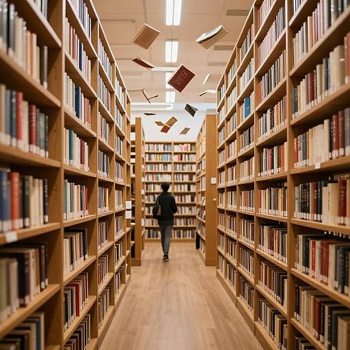 Photograph of a library aisle with wooden shelves filled with books on both sides, a person walking away, and floating books in the ceiling. Warm lighting