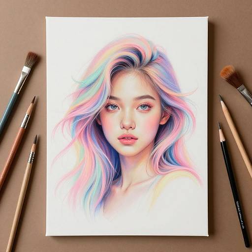 Realistic digital portrait of a young woman with pastel pink, blue, and purple hair, surrounded by art supplies on a brown surface.