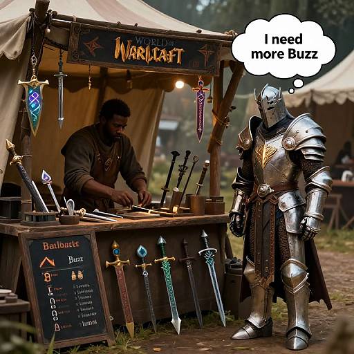 Photograph of a medieval market stall with a blacksmith in brown clothes and a knight in shiny armor, thinking 