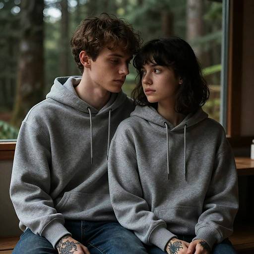 Photograph of a young couple in gray hoodies, sitting by a window, forest background, both with tattoos, gazing at each other.