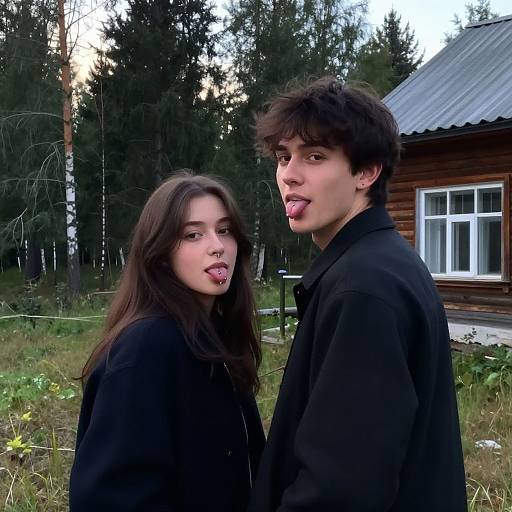 Photograph of a young couple with dark hair, black clothing, and tongue piercings, sticking out their tongues, standing in front of a wooden