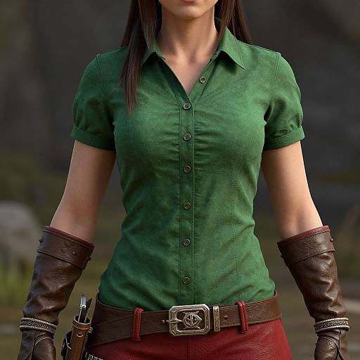 Photorealistic CGI of a woman with long dark hair, green button-up shirt, brown leather gloves, and red pants, standing outdoors.