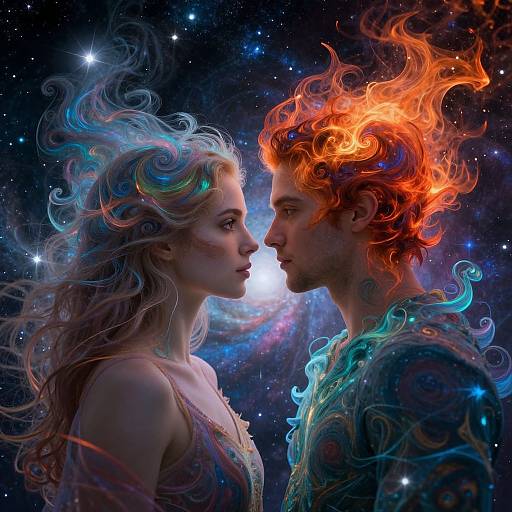 Digital art of a couple with ethereal, colorful hair against a starry space background, facing each other intimately with glowing light.