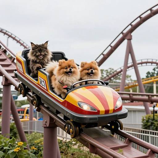 Photograph of three fluffy, long-haired dogs riding in a colorful, cartoon-style car on a roller coaster track at an amusement park.