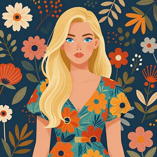 Digital illustration of a blonde woman with blue eyes, wearing a floral dress, set against a dark blue background filled with vibrant flowers.