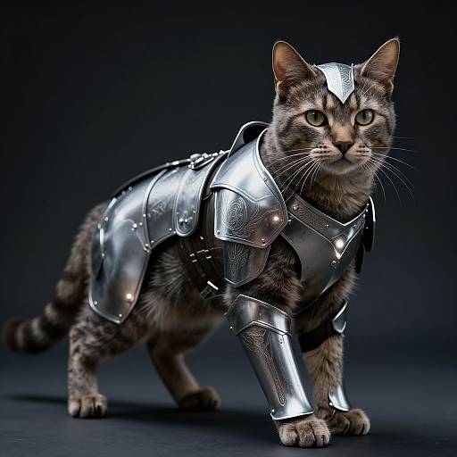 Photograph of a tabby cat with green eyes wearing detailed, shiny silver medieval armor, standing against a dark blue background.