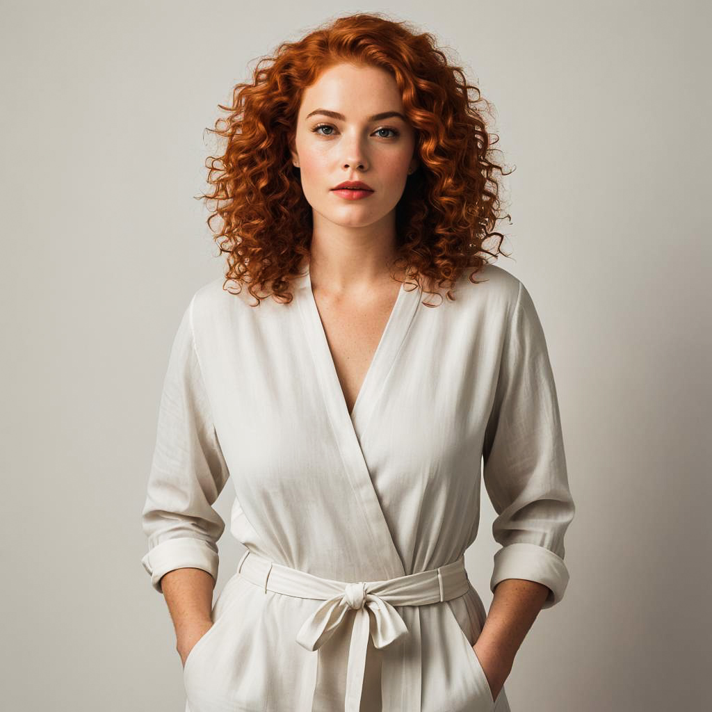 Stylish Curly Redhead in Minimalist Studio