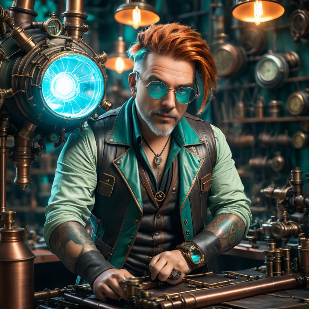 Dynamic Steampunk Inventor in Workshop