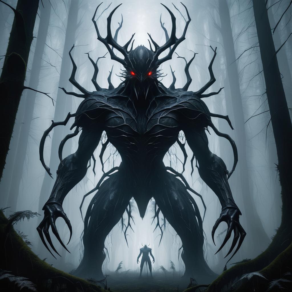 Sinister Insectoid in a Foggy Forest