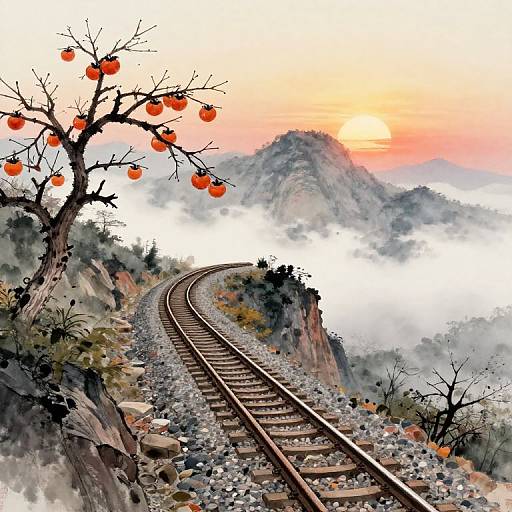 Chinese Watercolor Railway at Mountain Sunrise