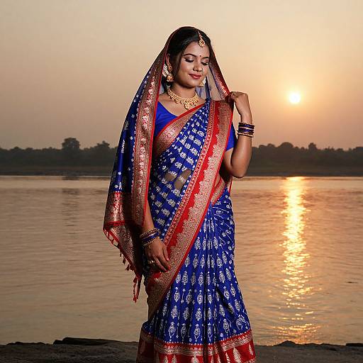 Photograph of a beautiful Indian woman in a blue saree with red and gold borders, standing by a sunset-lit river.