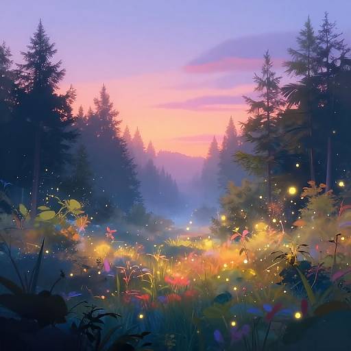 Digital painting of a magical forest at sunset, with glowing fireflies, vibrant flowers, tall trees, and a pink-orange-purple sky.