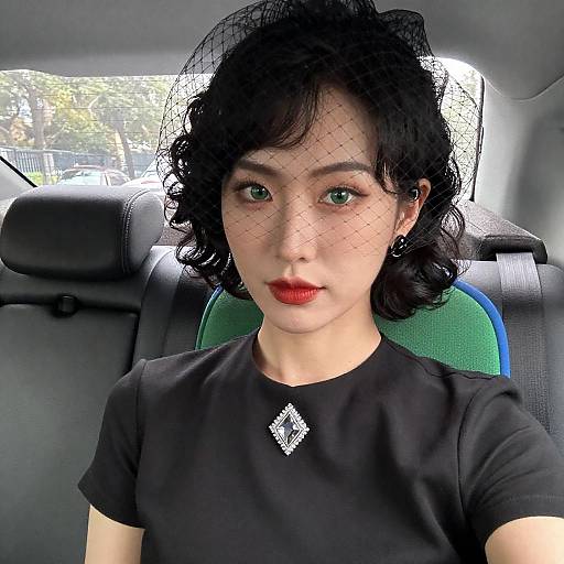 Portrait of Woman in Black Dress with Mesh Veil