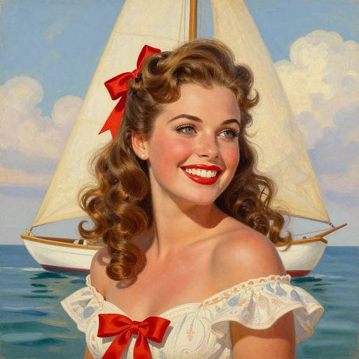 Vintage-style digital painting of a smiling woman with curly brown hair, red bow, white off-shoulder dress, and red bow, in front of