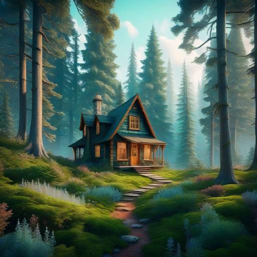 Whimsical Cabin in Dreamy Forest Landscape