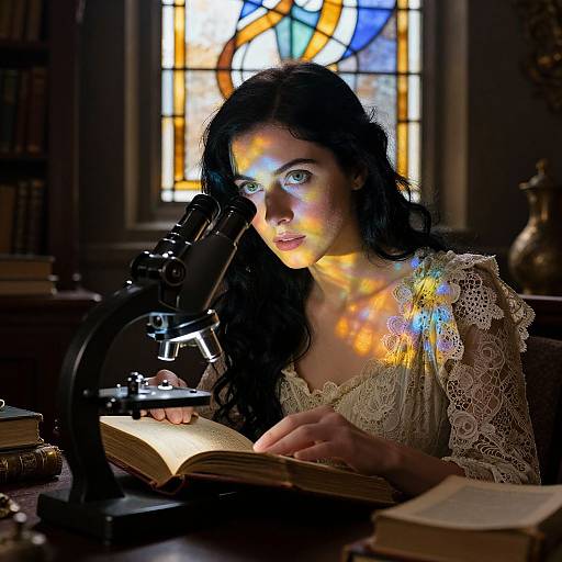 Photograph of a dark-haired woman in lace, illuminated by colorful stained glass window light, reading with a microscope on a library table.