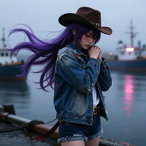 Neon Fog Harbor: Purple-Haired Cowboy Embrace