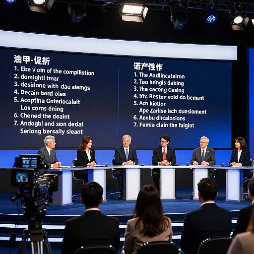 Photograph of a panel discussion on a stage with six business professionals, a presenter, and a camera, discussing the 7 key principles of the 