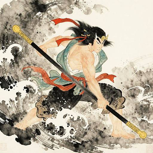 Fujin Wind God Japanese Watercolor
