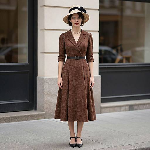 Woman in Vintage Brown Dress and Straw Hat