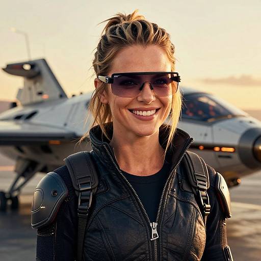 Photograph of a smiling blonde woman with sunglasses, black leather jacket, and backpack, standing in front of a military jet.