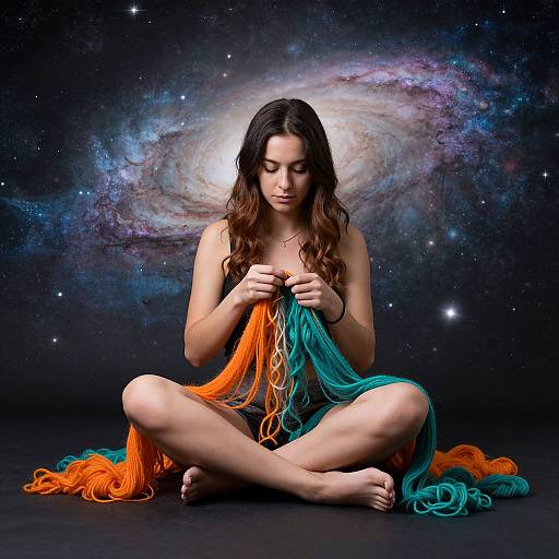 Photograph of a young woman with long brown hair, sitting cross-legged against a starry, galaxy backdrop, holding vibrant orange and teal yarn.