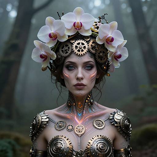 Digital art of a fair-skinned woman with blue eyes, wearing a crown of white orchids and intricate clockwork armor, glowing neon lines on her