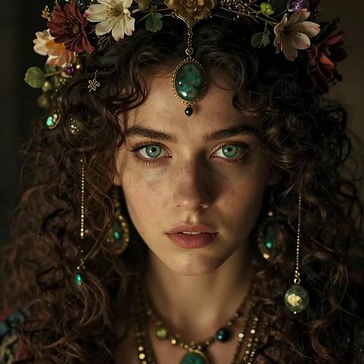 Photograph of a young woman with curly brown hair, blue eyes, wearing a floral headpiece, green gemstone jewelry, and a dark background,