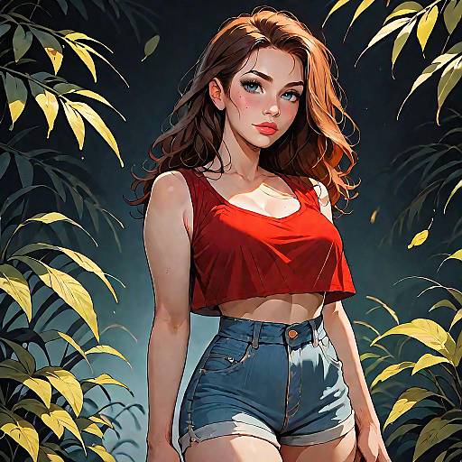 Woman in Red Crop Top and Denim Shorts in Woodland